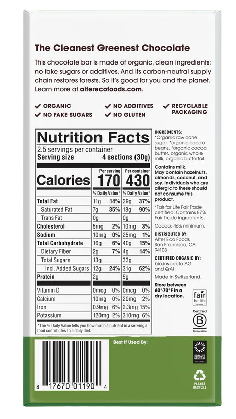 Nutrition Information - Classic Grass Fed Milk Organic Chocolate Bar