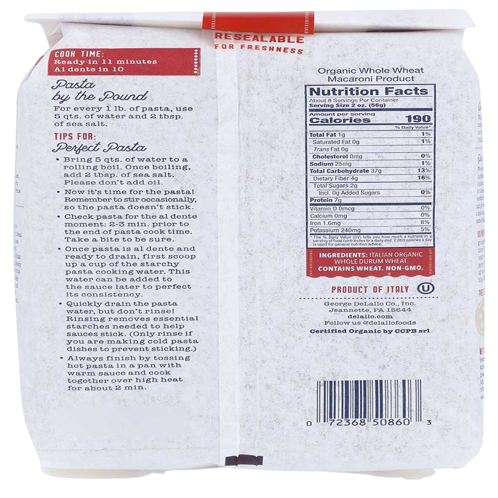 Delallo Organic Whole Wheat Elbows Pasta, 16 Oz. (12-Pack)