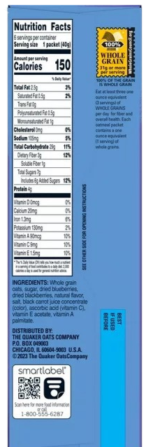 Nutrition Information - Blueberry Blackberry Fruit Fusion Instant Oatmeal