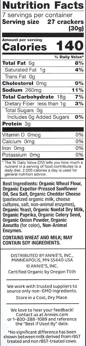 Nutrition Information - Organic Cheddar Squares - Baked Crackers