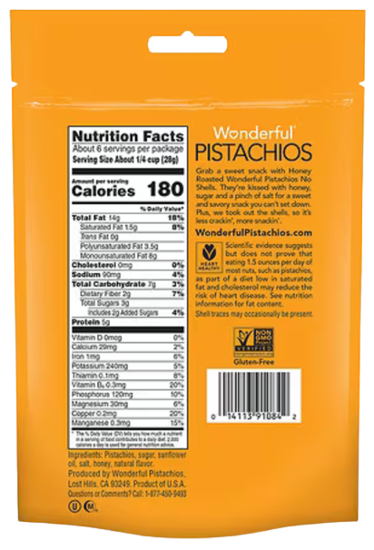 Nutrition Information - Pistachios Honey Roasted