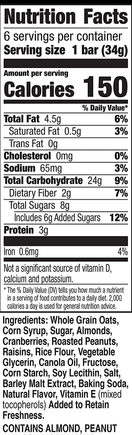 Nutrition Information - Fruit & Nut Trail Mix Granola Bar (12 CT)