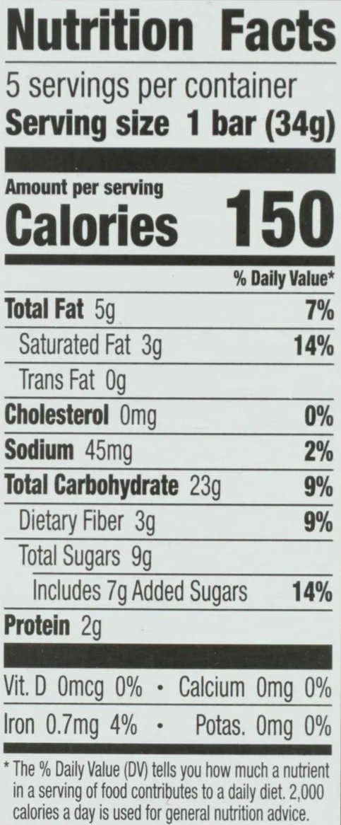 Nutrition Information - Organic Chocolate Drizzle Granola Bar (5 Pack)