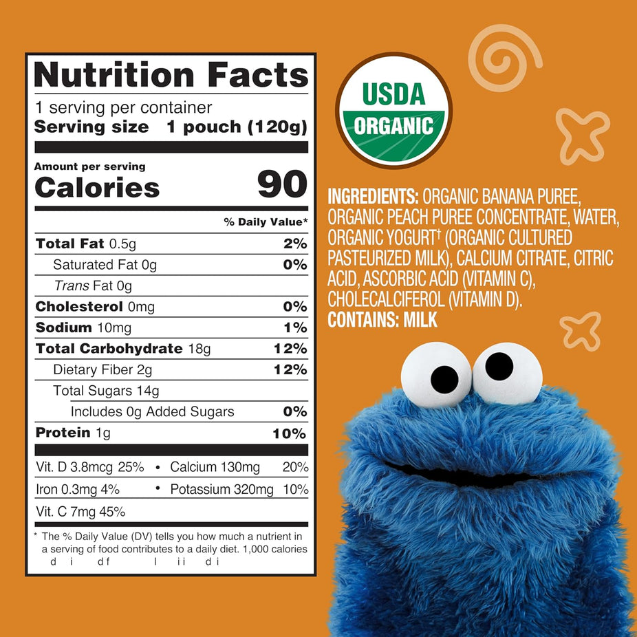 Organic Sesame Street Toddler Fruit Yogurt Smoothie - Peach Banana (12 Pack)