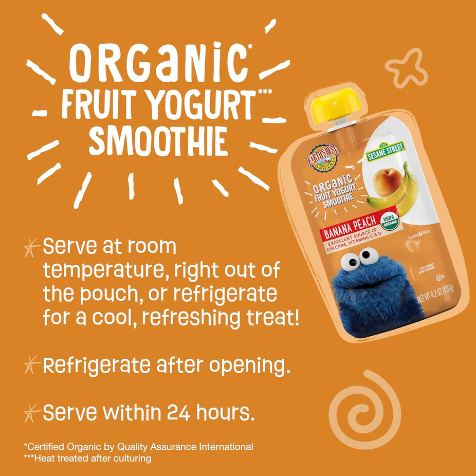 Organic Sesame Street Toddler Fruit Yogurt Smoothie - Peach Banana (12 Pack)