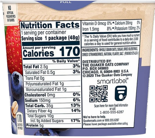 Nutrition Information - Blueberry Strawberry Instant Oatmeal Cups (12 Pack)