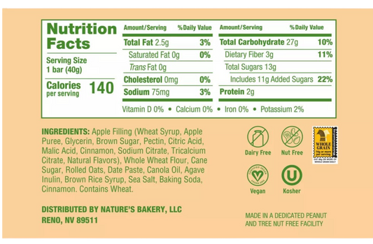 Nutrition Information - Apple Oatmeal Crumble Bar (6 CT)