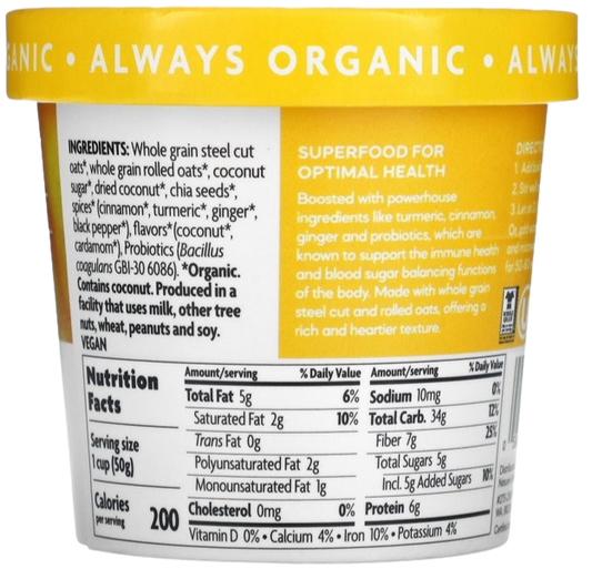Nutrition Information - Organic Golden Turmeric Oats