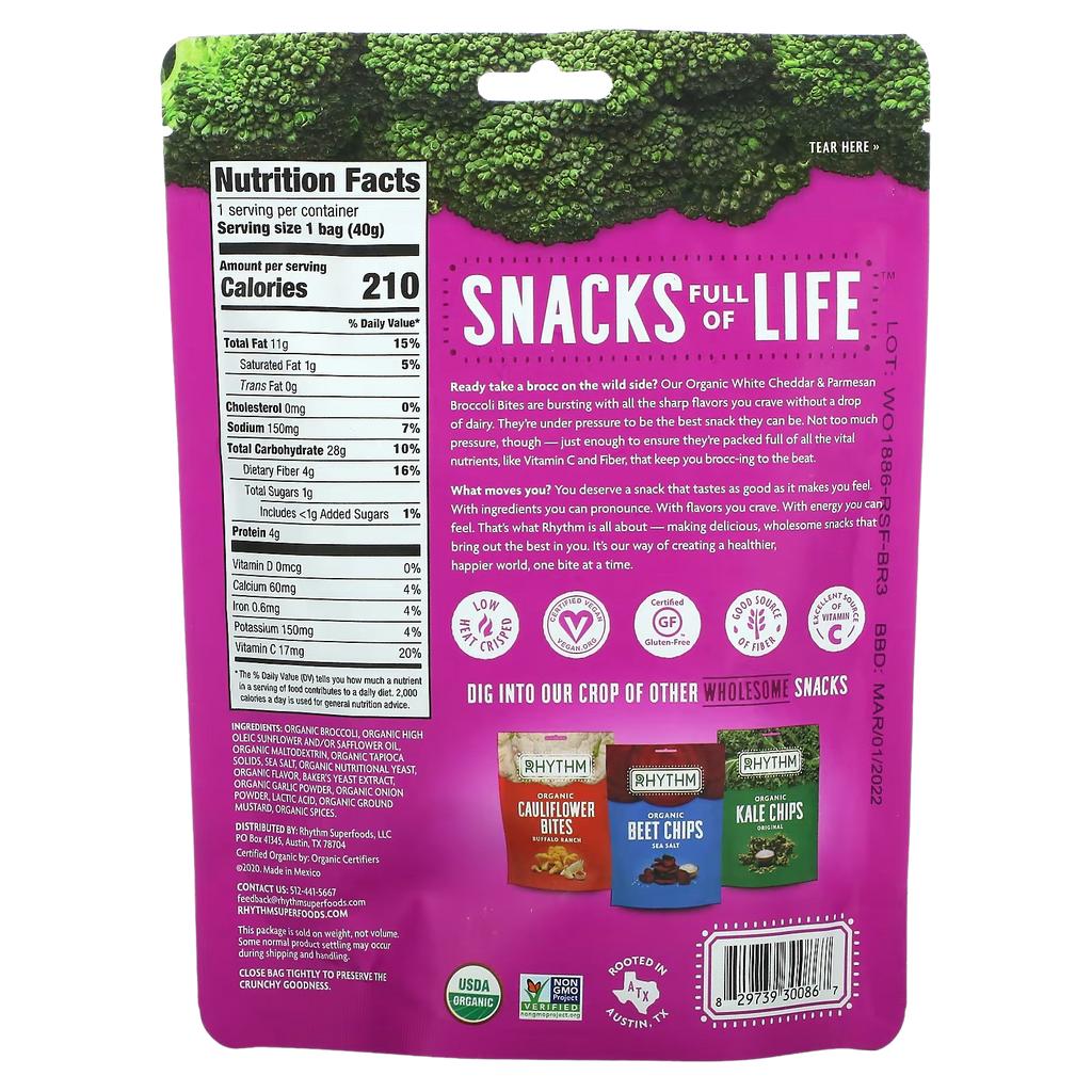 Rhythm Superfoods Organic White Cheddar & Parmesan Broccoli Bites Martie