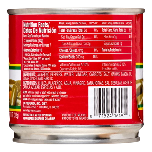 Nutrition Information - Whole Jalapeño Pepper