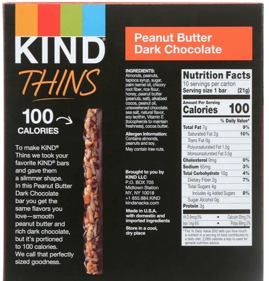 Nutrition Information - Thins Peanut Butter Dark Chocolate Bar (10 CT)