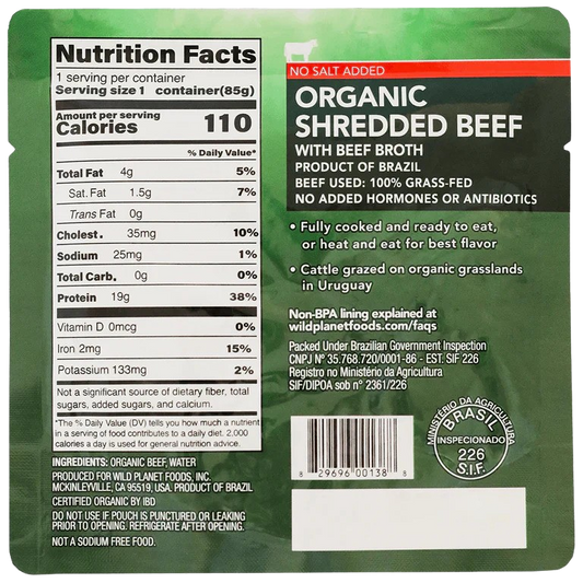 Organic Shredded Beef with Beef Broth (no salt added) (12 Pack)