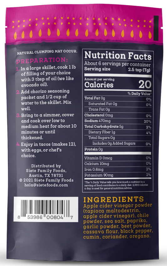 Nutrition Information - Chorizo Seasoning (12 Pack)