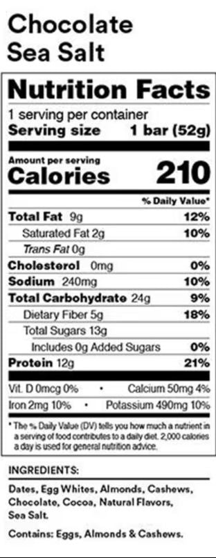Nutrition Information - Chocolate Sea Salt Protein Bar (12 CT)