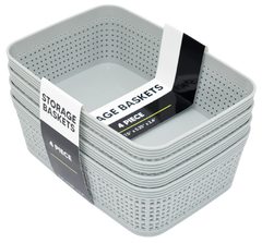 4 pc Storage Baskets, Burlap Weave - Light Grey