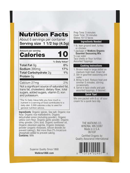 Nutrition Information - Organic Taco Gourmet Seasoning Mix (12 Pack)