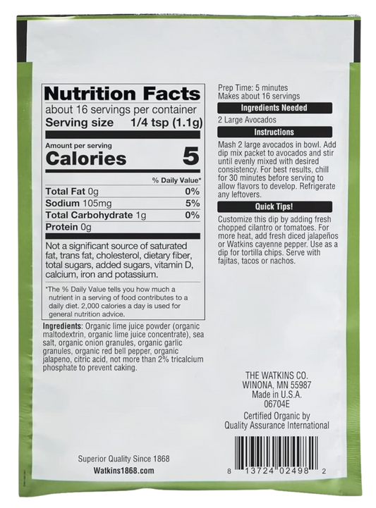 Nutrition Information - Organic Guacamole Gourmet Dip Mix (12 Pack)