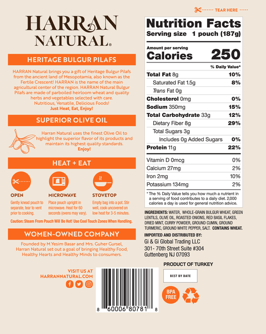 Nutrition Information - Lentil Turmeric with Red Basil Bulgur Wheat Pilaf (8 Pack)