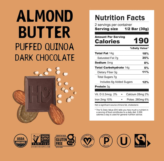 Nutrition Information - Almond Quinoa Dark Chocolate Bar (6 Pack)