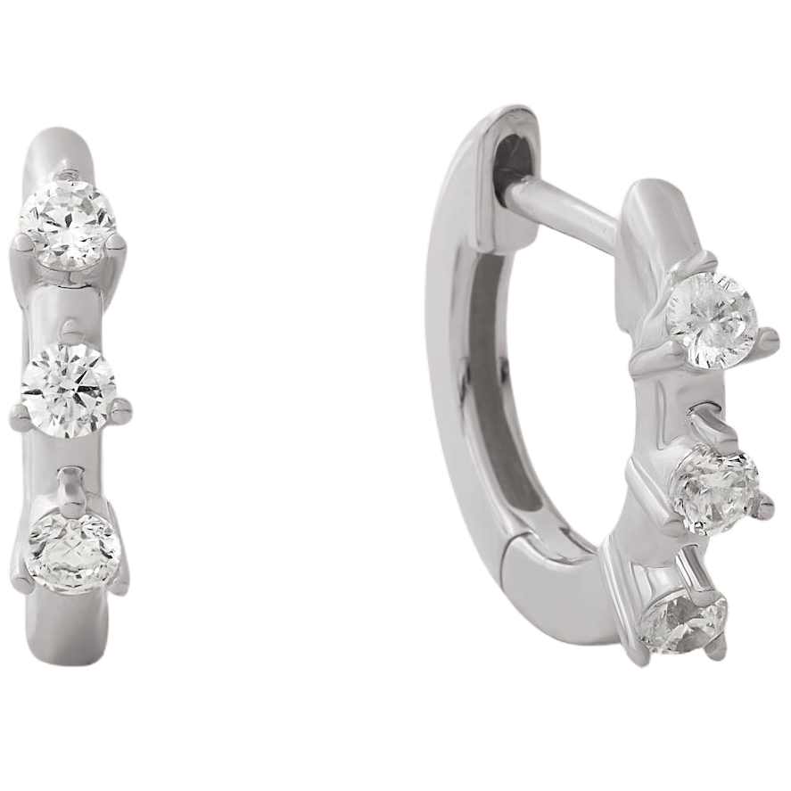 14k Solid Gold Diamond Three-Stone Huggie Earrings