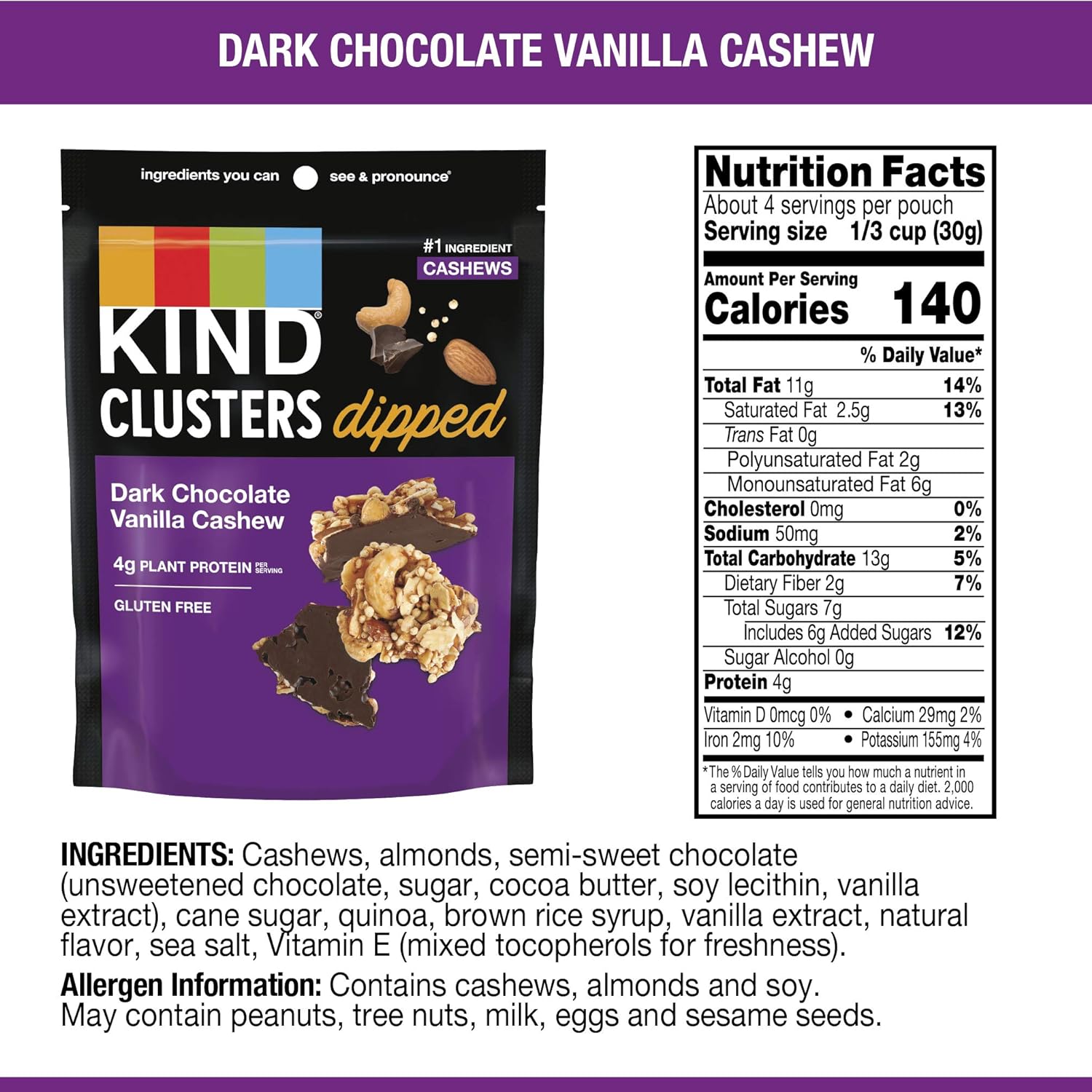 KIND Dark Chocolate Vanilla Cashew Dipped Clusters Martie