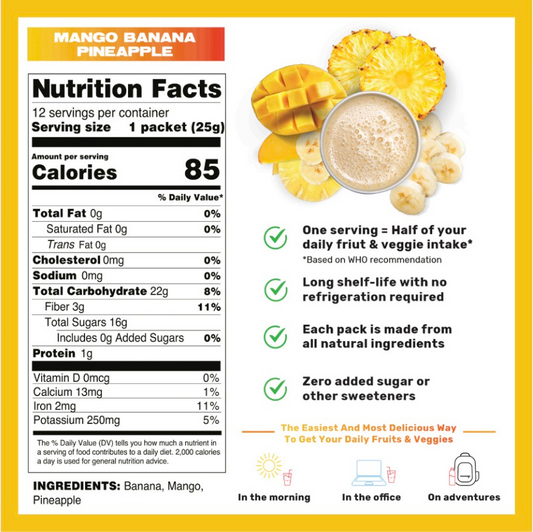 Blender-Free Smoothie Powder Mix - Mango-Banana-Pineapple (12 Pack)