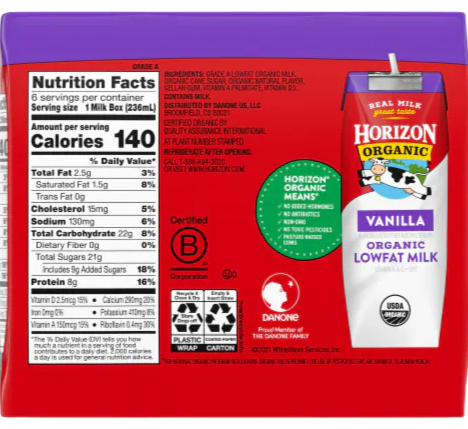 Nutrition Information - Organic Vanilla 1% Milk (6 Pack)