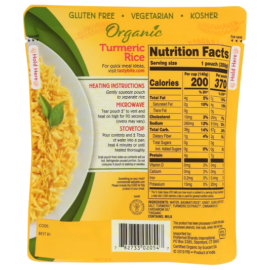 Nutrition Information - Organic Turmeric Rice (12 Pack)