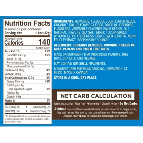 Nutrition Information - Keto Granola Bar - Blueberry Almond Vanilla (4 Pack)