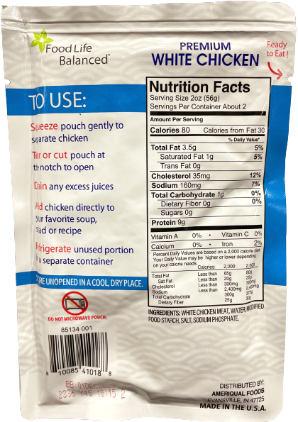 Nutrition Information - Fully Cooked Premium Chicken