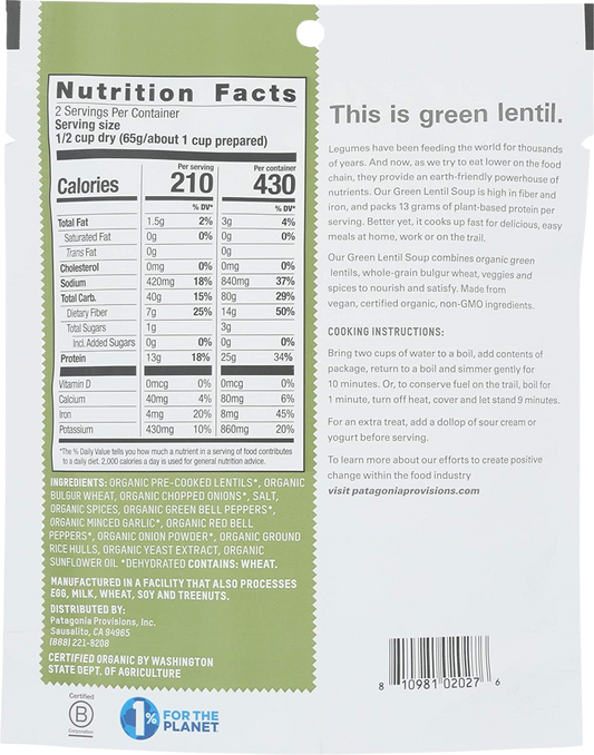 Nutrition Information - Organic Green Lentil Soup