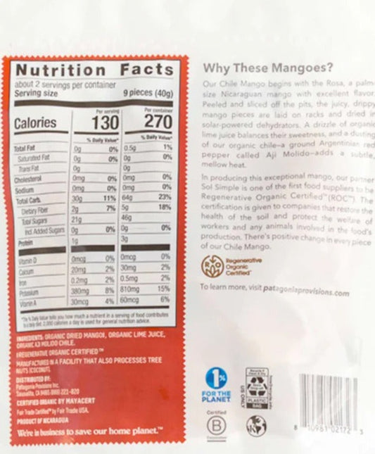 Nutrition Information - Organic Chile Mango Solar Dried Fruit