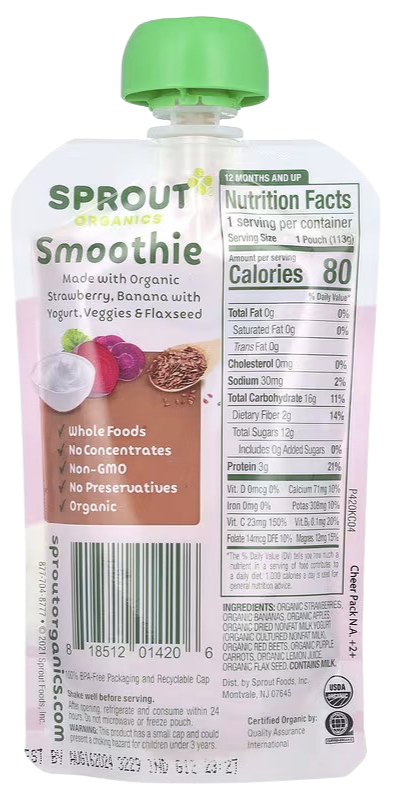 Smoothie with Strawberry Banana Yogurt Veggies and Flax Seed (12+ Months) (12 Pack)