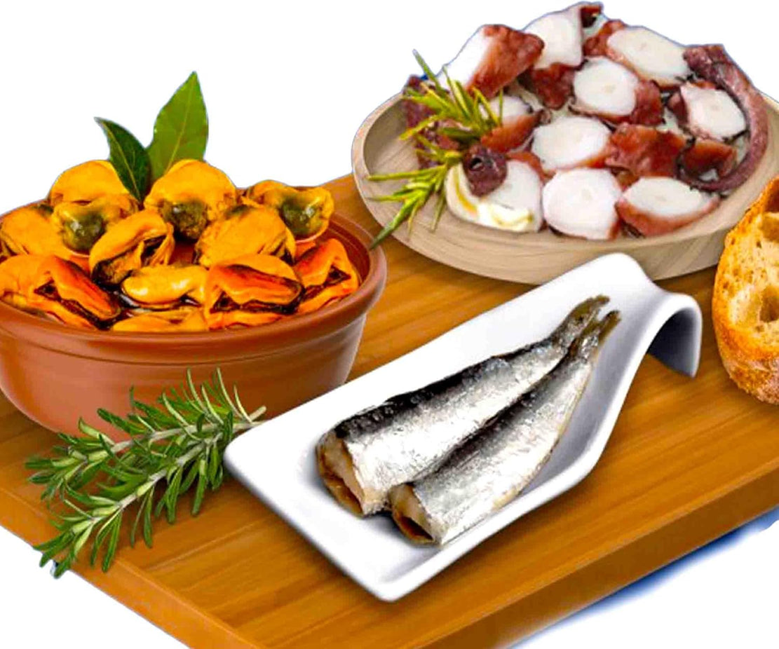 Spanish Seafood Tapas Mix (Mussels, Sardines, Squid)