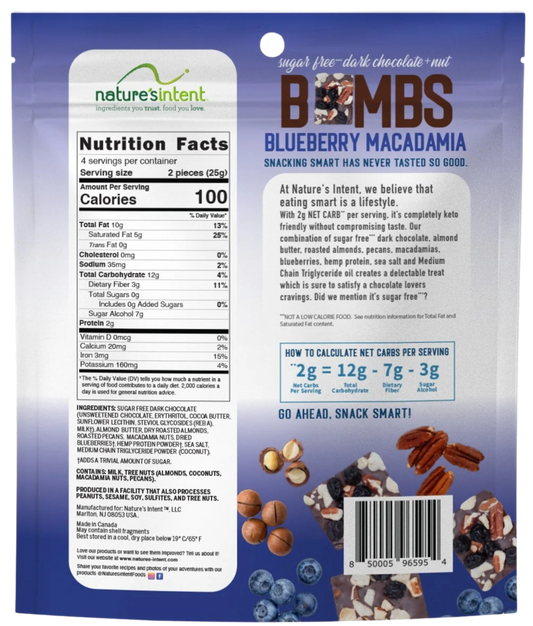 Nutrition Information - Sugar Free Blueberry Macadamia Bombs Dark Chocolate Nuts