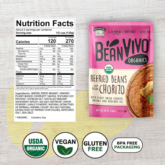 Nutrition Information - Organic Refried Beans with Plant Based Chorizo (6 Pack)