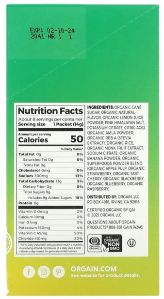 Nutrition Information - Lemon Lime Hydration Mix Powder