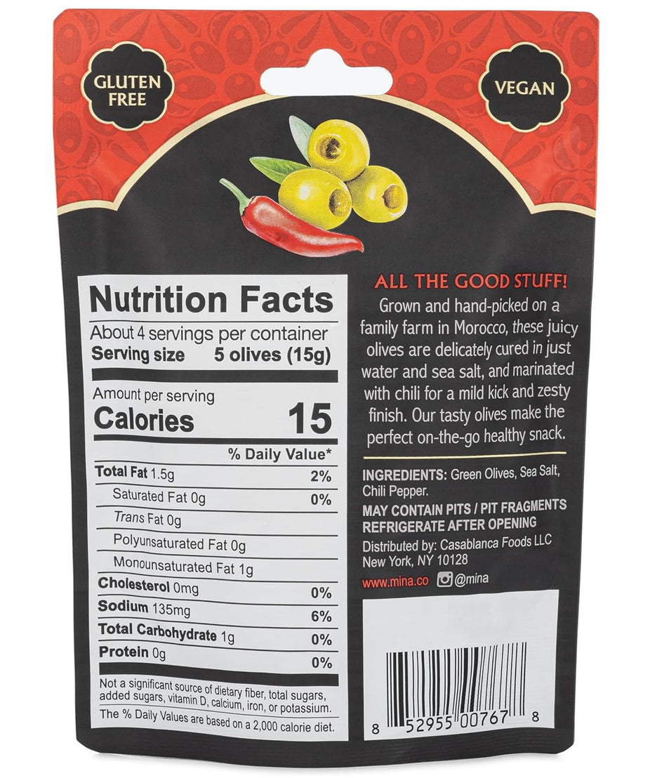 Green Pitted Olives With Chili (Snack Bag)