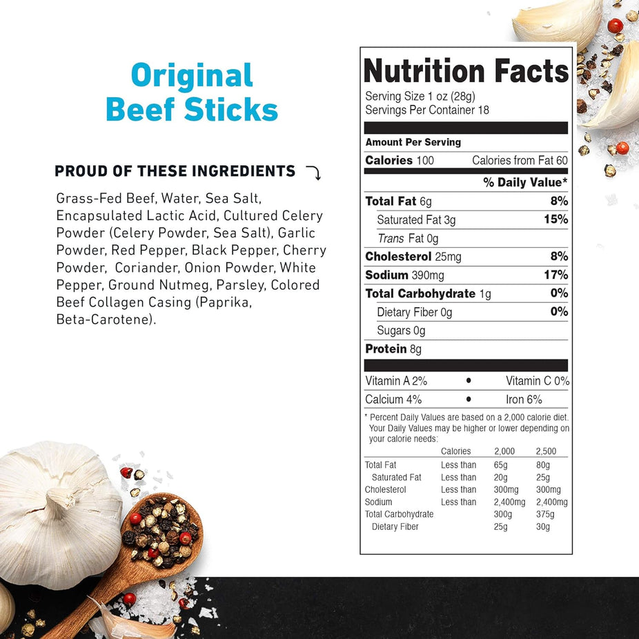Grass-Fed Jerky Beef Sticks - Gluten Free, High Protein Snacks (18 pack)