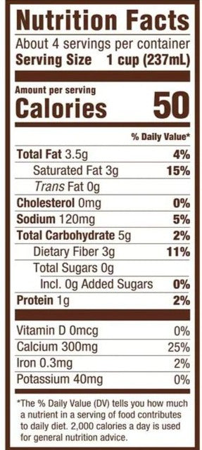 Nutrition Information - Organic Unsweetened Coconut Oatmilk