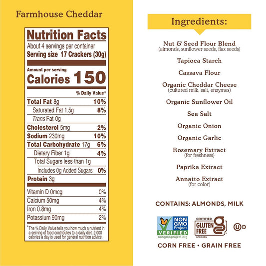 Nutrition Information - Farmhouse Cheddar Almond Flour Cracker Snack (6 Packs)