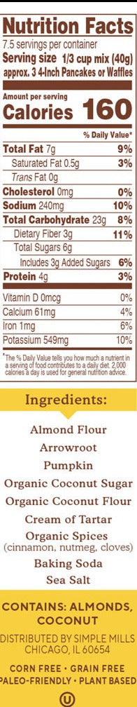 Nutrition Information - Almond Flour Pumpkin Pancake & Waffle Mix