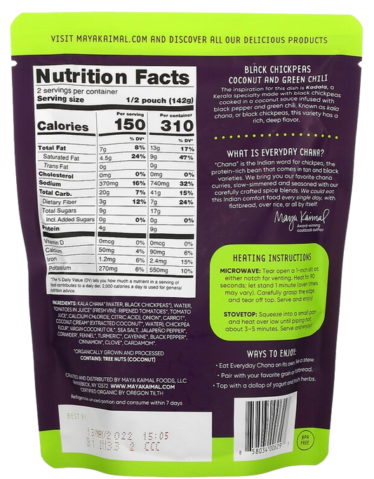Nutrition Information - Everyday Chana Black Chickpeas, Coconut, & Green Chili