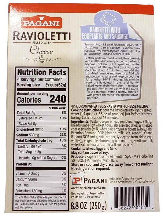 Nutrition Information - Ravioletti Cheese