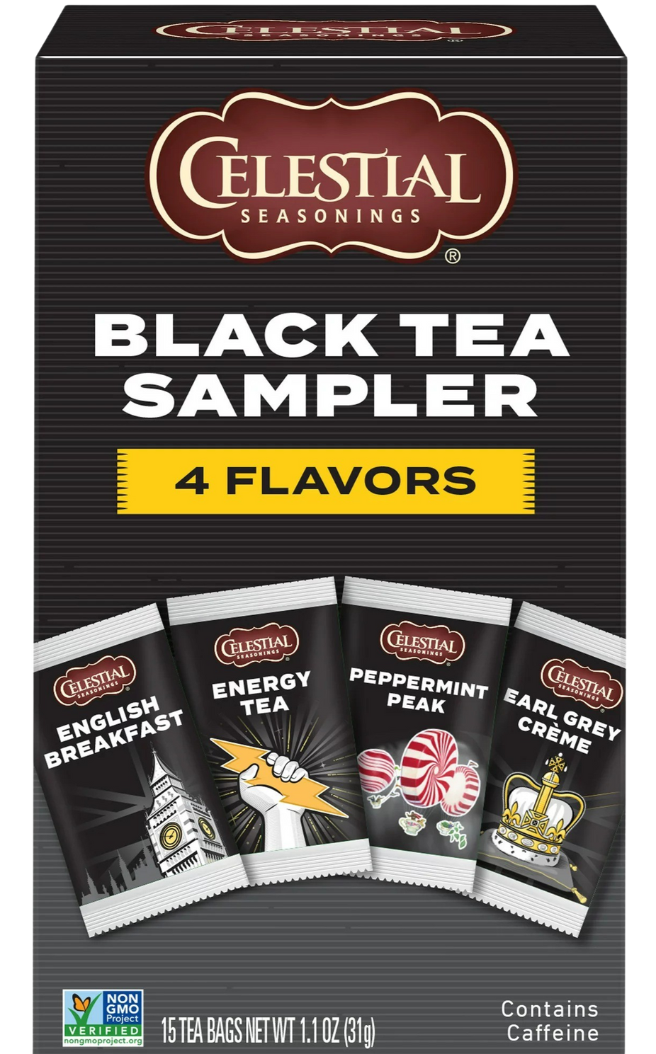 Black Tea Sampler - English Breakfast, Energy Tea, Peppermint Peak, Earl Grey Crème (15 Tea Bags)