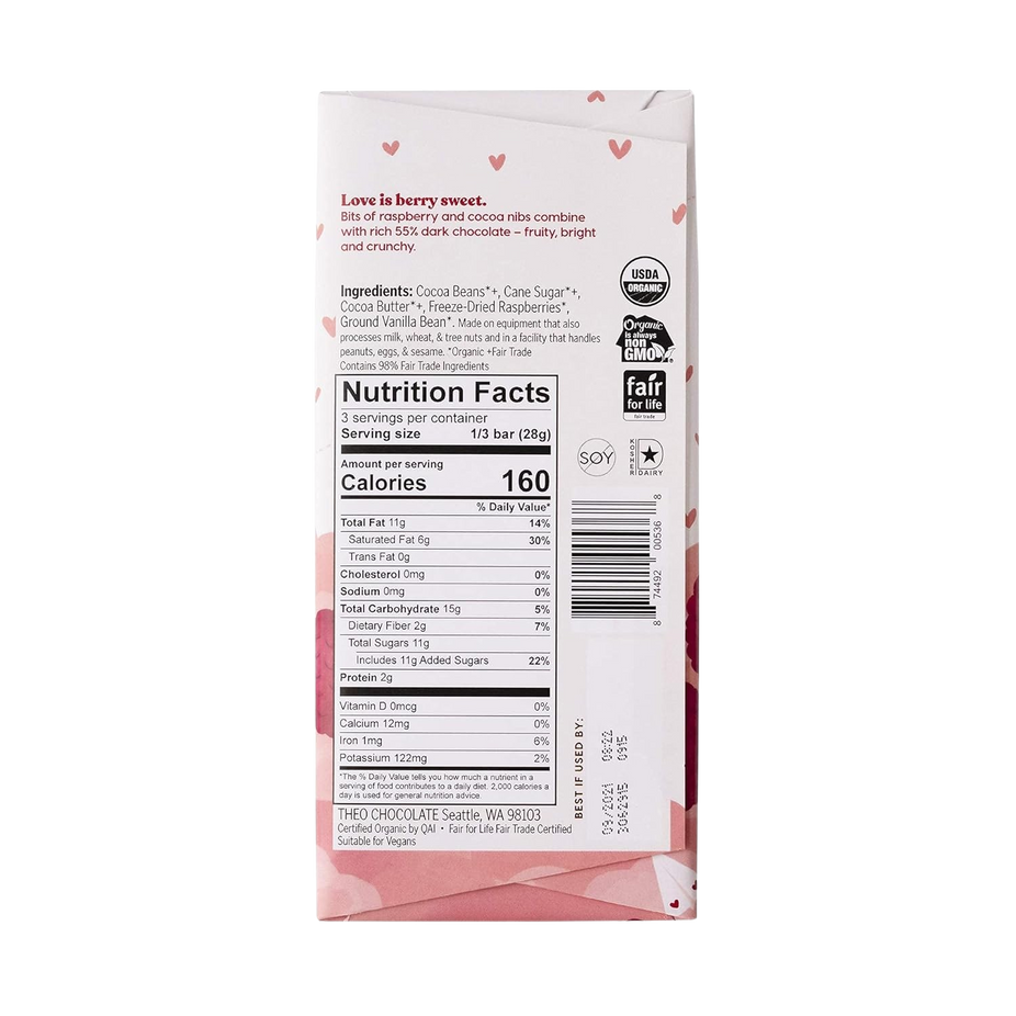 Organic Raspberry Cocoa Nib Dark Chocolate Bar