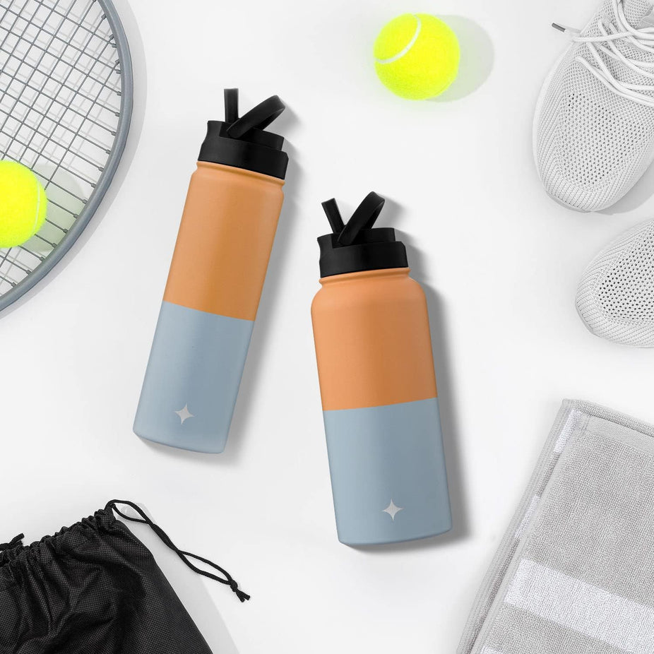 Vacuum Insulated Water Bottle with Flip Lid & Sport Straw Lid - 22 oz - Orange/Blue
