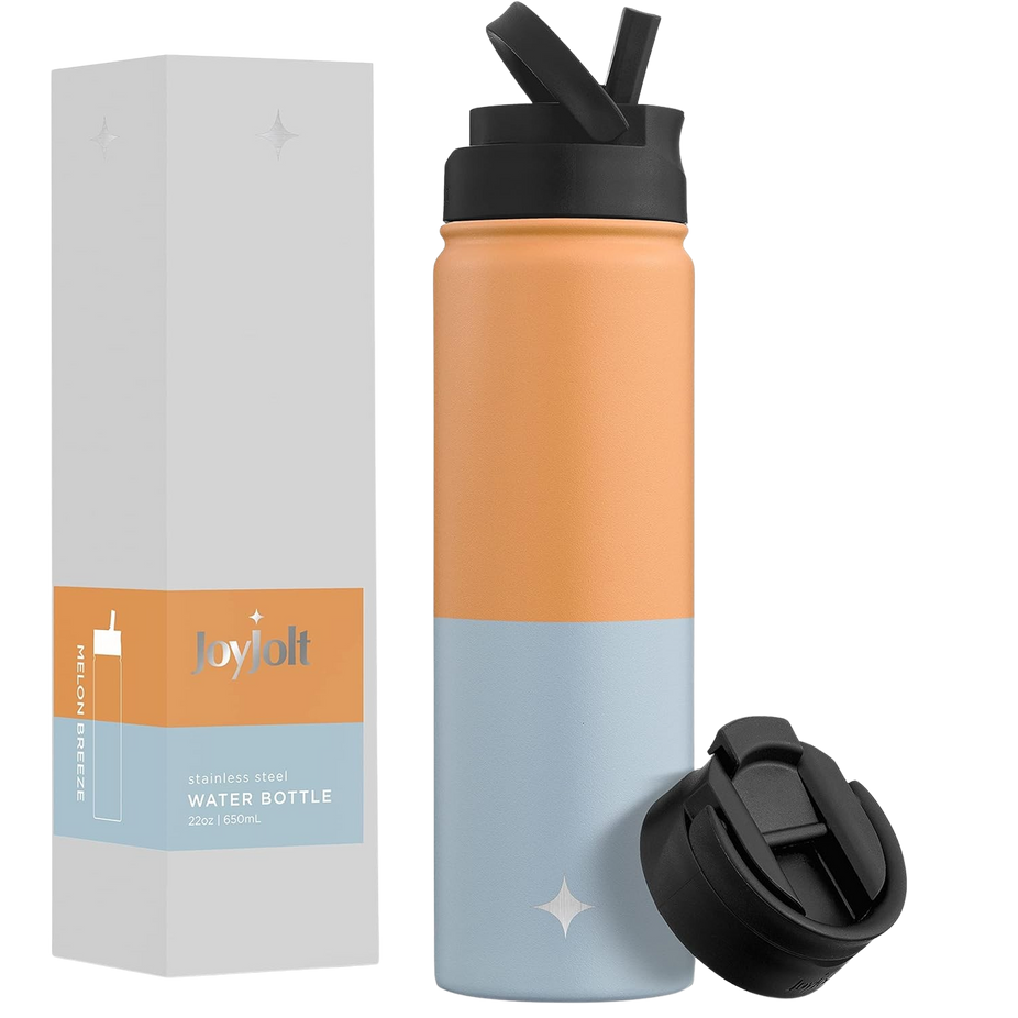 Vacuum Insulated Water Bottle with Flip Lid & Sport Straw Lid - 22 oz - Orange/Blue