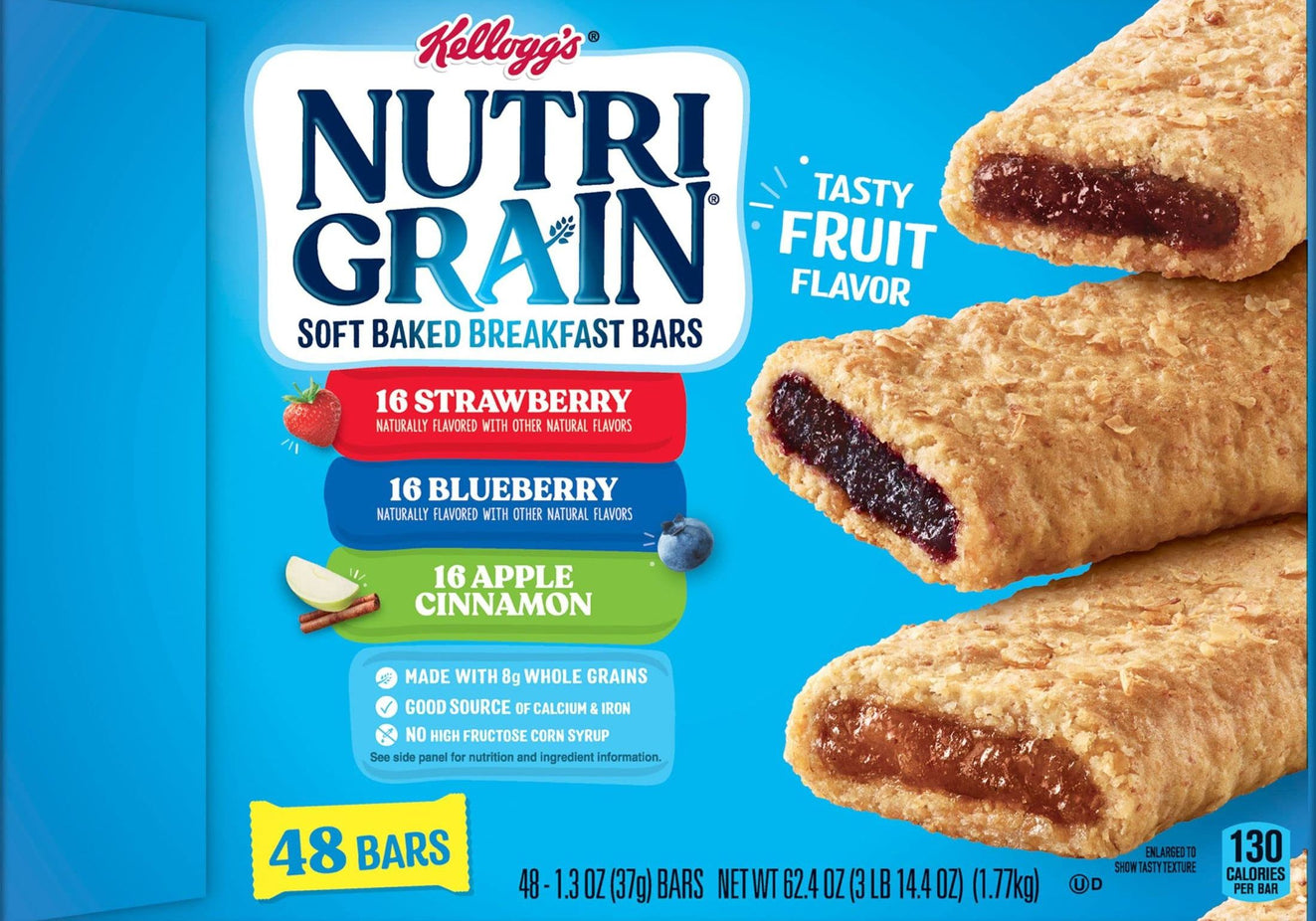 Nutri Grain Soft Bake Breakfast Cereal Bars (16 Apple Cinnamon, 16 Blueberry, 16 Strawberry)