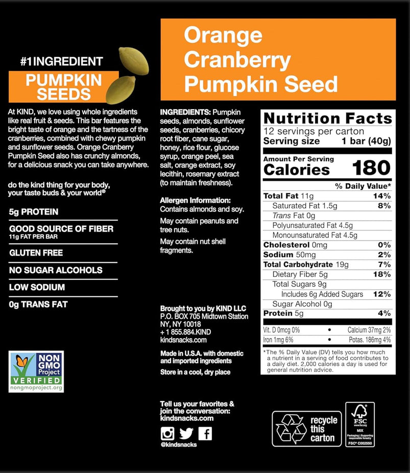 Orange Cranberry Pumpkin Seed Nut Bars (12 CT)